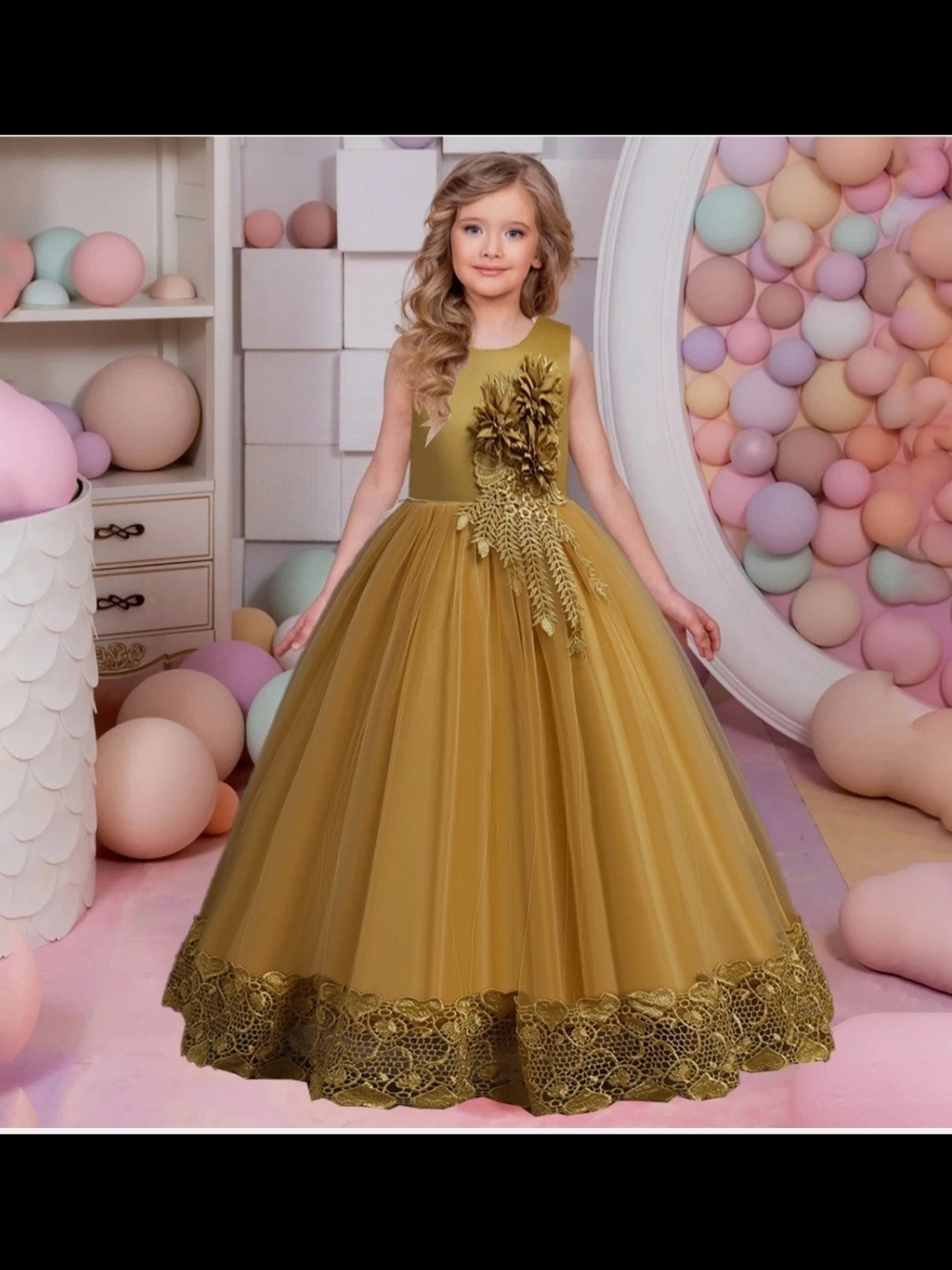 Girls' Olive Green Embellished Tulle Ball Gown Dress